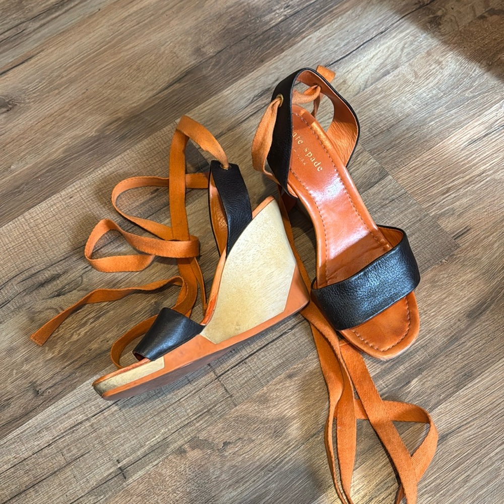 Kate Spade block wooden wedge orange and black size 7.5